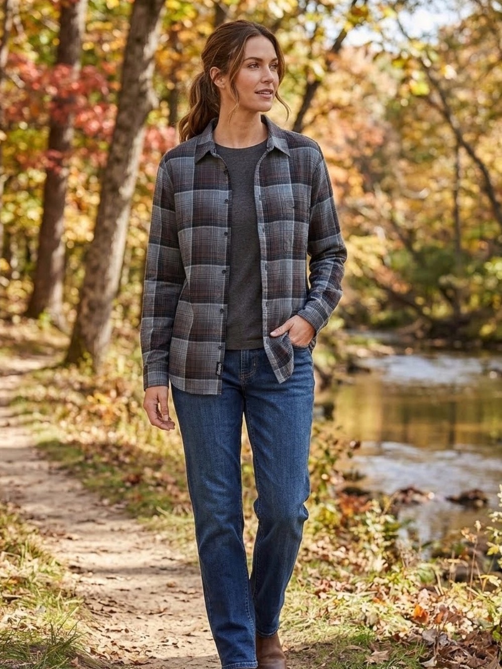 BASS Gray and Black Plaid Button-Up Shirt